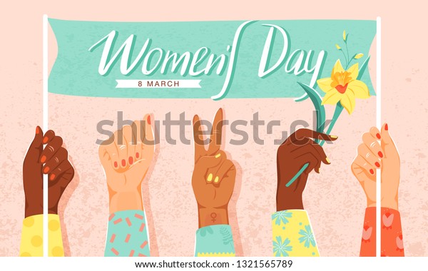 国際女性デーのコンセプト 女性の手がフェミニズムの象徴と力を示している 祝いと花を持つ女の子の手が旗を持つベクターイラスト のベクター画像素材 ロイヤリティフリー