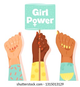 International Women's Day concept. Woman's fists showing their power. Girl’s hand holding a nameplates with inscription "Girl power". Vector illustration on white background.