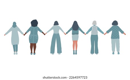 International Women's Day concept. Women are holding hands. Back view. Women's community. Female solidarity. Vector illustration.