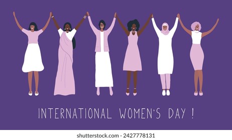 International Women's Day concept. Women are holding hands, stand together. Women's community. Female solidarity. Diverse group of women. Vector illustration in purple, pink colors