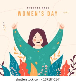 International Women's Day Concept With Young Girl Showing Thumbs Up And Floral Decorated Background.