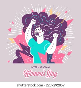 International Women's Day Concept With Young Woman Character Screaming And Raising Fists On Abstract Rays Background.