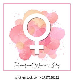 International Women's Day creative design. Female sign with text on abstract marble liquid background. Vector illustration.