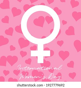 International Women's Day creative design. Female sign with text on multiple heart pattern background. Vector illustration.