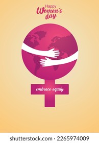 El Día Internacional de la Mujer creativo con las manos y abrazo el texto de equidad ilustrativo vectorial sobre el fondo amarillo.