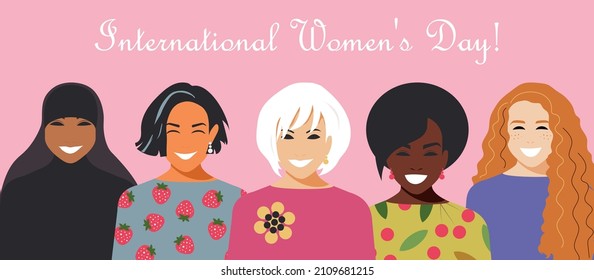 International Women's Day. Crowd of modern stylish women of different nationalities and religions. Pink poster with happy people in the fight for equal rights. Vector.