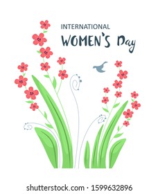 International Women's Day. Cute card with flowers and a bird. Vector illustration in cartoon flat style.