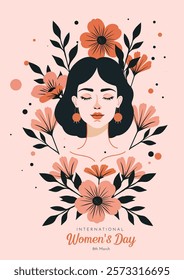 International Women's Day: A delicate floral illustration celebrating International Women's Day. A serene woman surrounded by beautiful flowers symbolizing strength, grace, and empowerment.  