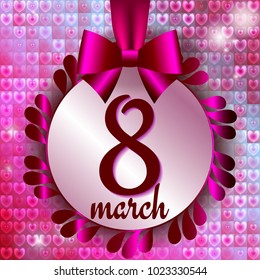 International Women's day design. 8 march greeting card with a label on pink ribbon with bow on heart background. Vector illustration. Could be used for cards, prints, web, banners, posters