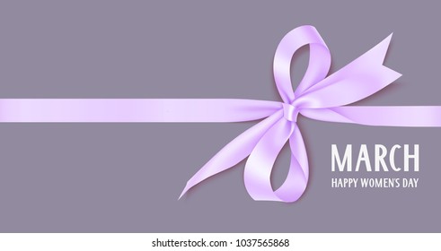 International Womens Day design template. 8 march background with beautiful lilac bow and horizontal ribbon. Holiday decoration
