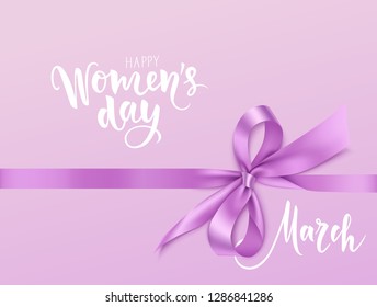 International Womens Day design template. 8 march background with beautiful purple bow and horizontal ribbon. Holiday decoration. Vector illustration.Calligraphic lettering text 
