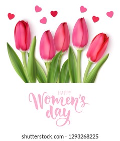 International Womens Day design template. 8 march background with beautiful spring pink tulip and heart confetti isolated on white. Holiday decoration. Vector illustration