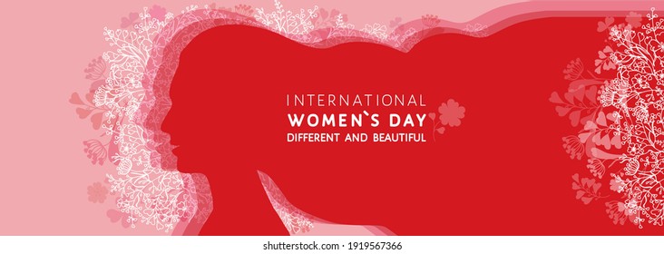 International women`s Day, different and beautiful, vector greeting banner, flyer, poster, background with female face, head, long hair silhouette, line drawn decorative flowers branches, spring grass