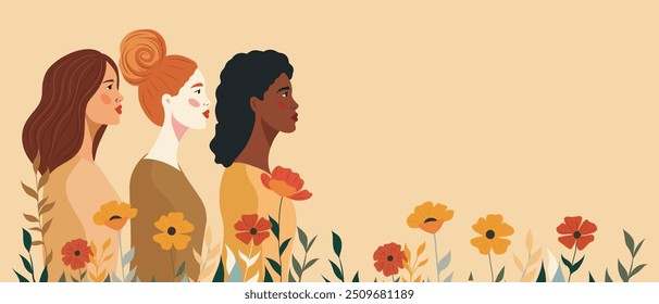 International Women's Day. Different women in flowers stand together. Holiday banner, postcard on March 8. Feminism concept, women empowerment, gender equality. Vector illustration for advertising