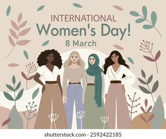 International Women's Day. Different women together on the background of flowers, gender equality, fight for women's empowerment. For women's projects. Vector illustration place for text