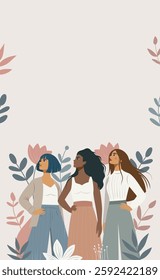 International Women's Day. Different women together on the background of flowers, gender equality, fight for women's empowerment. For women's projects. Vector vertical illustration