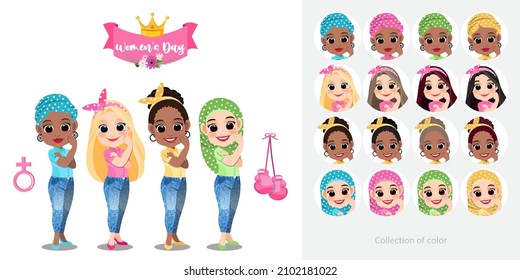 International Women's day with Diverse Girl or Girl Power standing together on white background and collection of Color cartoon character vector