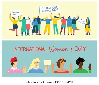 International women's day. Diverse international and interracial group of standing women. For girls power concept, feminine and feminism ideas. Vector illustration in the flat style