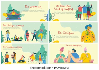 International women's day. Diverse international and interracial group of standing women. For girls power concept, feminine and feminism ideas. Vector illustration in the flat style