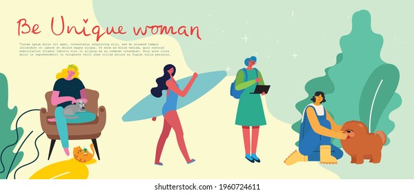 International women's day. Diverse international and interracial group of standing women. For girls power concept, feminine and feminism ideas. Vector illustration in the flat style