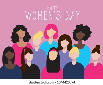 International women's day. Diversity, celebration, people, crowd, gender equality, feminism. Illustration in vector.