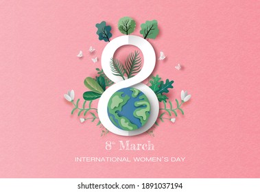 Día Internacional de la Mujer, la Tierra con el número 8, y plantas de fondo en ilustración de papel, papel 3d.