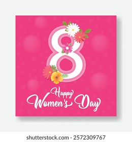 International Women's Day editable social media post banner ads template, 8 march women's day background for website, women's day greeting invitation card
with realistic flower 3d 8 illustration