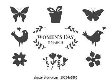 International Women's Day, eighth March, vector set, illustration flat, gray, white, black