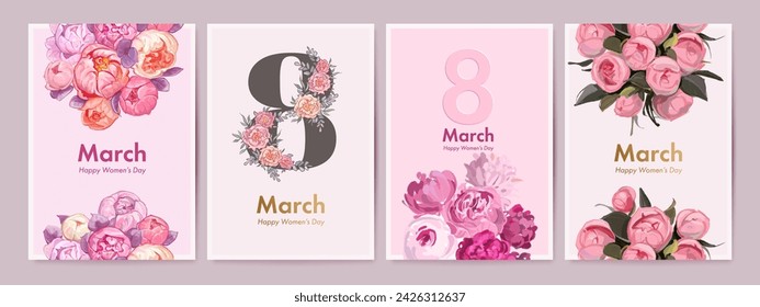 International women's day elegant banner, flyer or greeting card design template set with hand drawn flowers. Festive floral background. Vector illustration