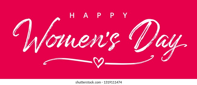 International Womens Day elegant hand lettering banner. Flyer for March 8 with calligraphy Happy Women`s Day and heart in line on pink background. Vector illustration
