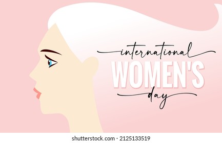 International women's day elegant lettering on pink background with beautiful woman. Greeting card for Happy Womens Day with elegant hand drawn calligraphy. Vector illustration