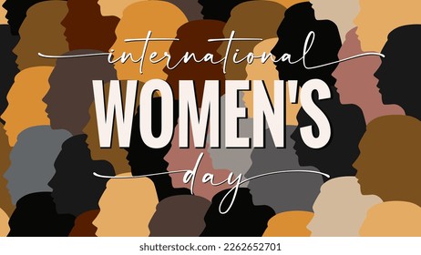 International Womens day elegant lettering on female faces seamless texture. Vector illustration for Happy Women's Day