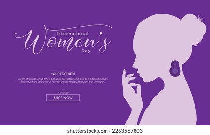 International women's day elegant lettering on purple background. Greeting card with elegant hand drawn calligraphy for Happy Women's Day. Vector illustration