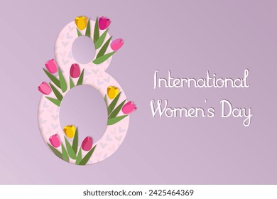 International Womens Day elegant lettering with tulips and the number eight on pink background.