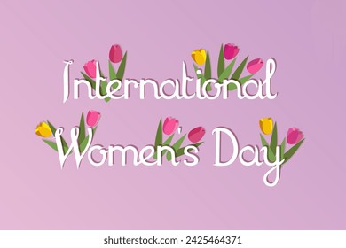 International Womens Day elegant lettering with tulips on pink background.