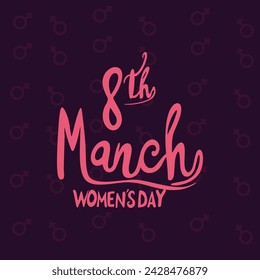 International women's day elegant lettering on dark purple background with female sign pattern. Greeting card for Happy Women's Day, vector illustration eps10.