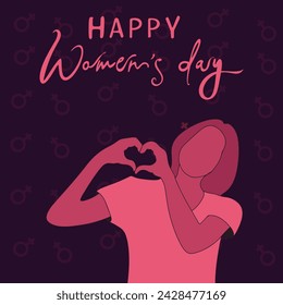 International women's day elegant lettering on dark purple background with female sign pattern and woman showing heart with her hands. Greeting card for Happy Women's Day