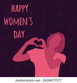 International women's day elegant lettering on dark purple background with female sign pattern and woman showing heart with her hands. Greeting card for Happy Women's Day