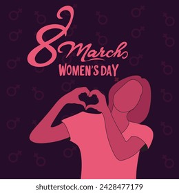 International women's day elegant lettering on dark purple background with female sign pattern and woman showing heart with her hands. Greeting card for Happy Women's Day