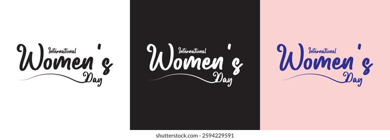 International women's day elegant lettering . Greeting card for Happy Womens Day with elegant hand drawn calligraphy. Isolated on white, pink and black background. Vector illustration. EPS 10