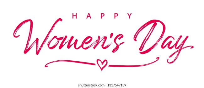 International Womens Day elegant paintbrush text banner. Flyer for March 8 with calligraphy Happy Women`s Day and pink heart in line on background. Vector illustration