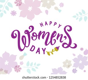 International Women's Day emblem, sign design. Lettering Happy Womens day with flowers. Design for card, poster, flyer or social network.