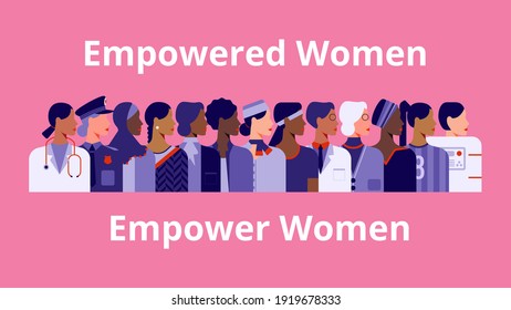 International Women's Day. Empowered Women Empower Women. Women Of Diverse Age, Races And Occupation. Vector Horizontal Banner.