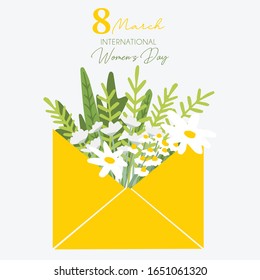 International Women's Day. Envelope with a bouquet of field flowers. Vector illustration can be used for invitation, greeting card, poster, flyer, banner etc. 8 March. 