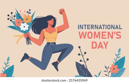 International Women's Day, Equality Day, Women's Month. Strong woman with flowers jumping with happiness on the background of flowers, symbol of freedom and empowerment of women. Vector illustration