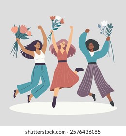 International Women's Day, Equality Day, Women's Month. Strong women with flowers jumping up with happiness, symbol of solidarity, freedom and empowerment of women. Vector flat illustration