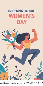 International Women's Day, Equality Day, Women's Month. Strong woman with flowers jumping up with happiness on the background of flowers, symbol of freedom and empowerment of women. Vector card