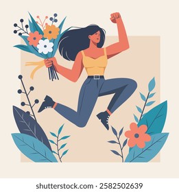 International Women's Day, Equality Day, Women's Month. Strong woman with flowers jumping for joy on the background of flowers, symbol of freedom and empowerment of women. Vector flat illustration