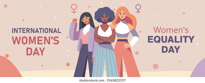 International Women's Day and Equality Day. Women of different skin colors and nationalities stand together. Movements for gender equality and women's empowerment, vector illustration 