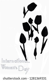 International Women's Day. Fantastic bouquet of tulips. Dark color silhouettes.